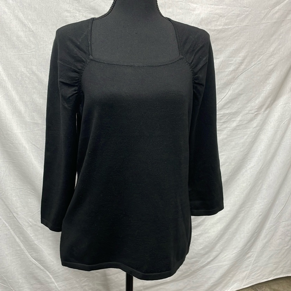 Ann Taylor black sweater, square neck, silk, 3/4 sleeve, size L